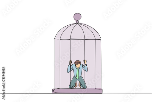 Continuous one line drawing businessman trapped in cage kneeling holding iron bars. Framed by business partner. Have to bear all the consequences. Unfair. Single line draw design vector illustration