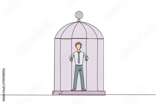 Single continuous line drawing businessman trapped in cage standing hold the iron bars. Imprisoned body and mind. Limited opportunity. Feeling exhausted. Hopeless. One line design vector illustration