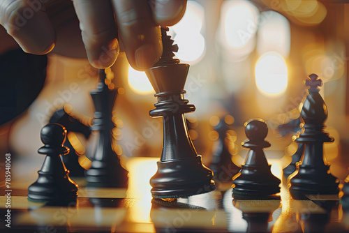 Chess player holding a piece and chess game on the chessboard in the background, game tournament concept photo