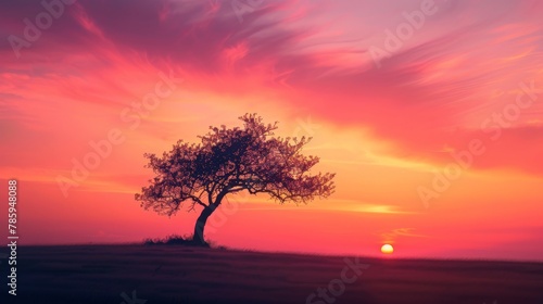 A single  windswept tree silhouetted against a vibrant orange and pink sunset. Minimalist composition with clean lines and negative space.