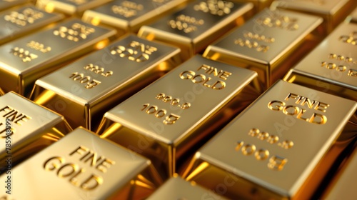 A pile of gold bars with the words FINE GOLD engraved on them, arranged neatly in rows and columns.