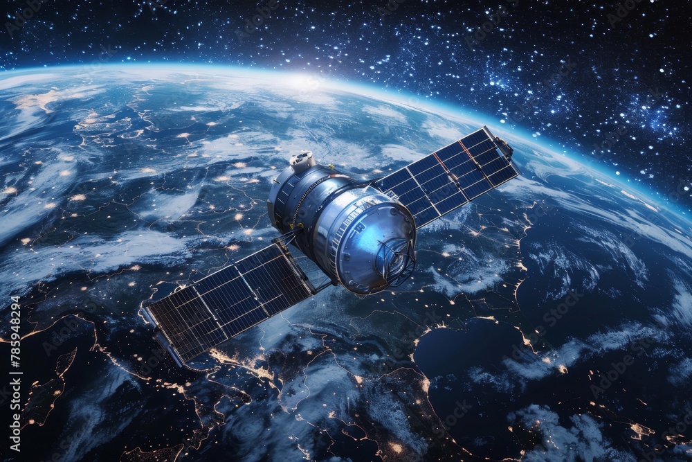 Advanced telecom satellite with holographic data for global internet connectivity orbiting earth Advanced telecom satellite with holographic data for global internet connectivity orbiting earth