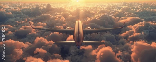 Airplane soaring above the clouds during sunset.