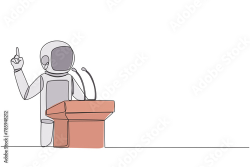 Single continuous line drawing young energetic astronaut speaking at the podium while lifting index finger up. Made a favorable statement for the company. Orator. One line design vector illustration