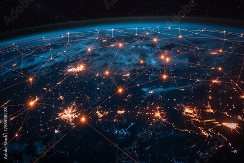 Global connection, network of glowing lines linking continents, night Earth from space, unity in diversity, wide shot, 