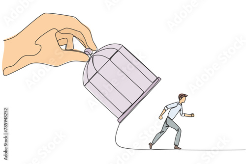 Continuous one line drawing big hand holding the iron cage, catch businessman. Want to trap in any way. Enter the trap. Unfair business competition. Lost. Single line draw design vector illustration