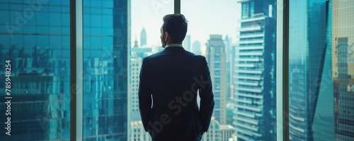 A man in traditional Arab garments gazes at a sprawling urban skyline with warm sunlight streaming in.