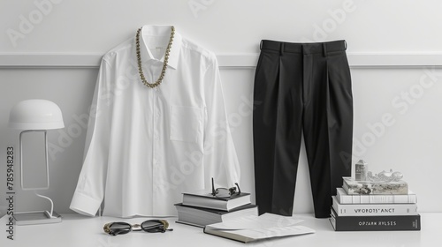 reate a clean and sophisticated flat lay with a crisp white shirt  sleek black trousers  a delicate gold necklace  and a stack of design books photo