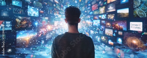 A person stands in awe as he is engulfed by a multitude of illuminated media screens displaying diverse content © amazingfotommm