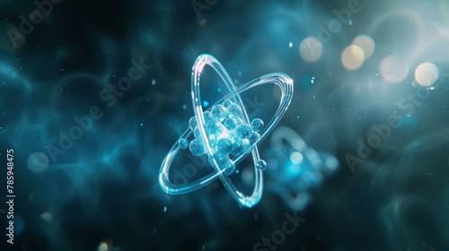 A single, stylized atom with orbiting electrons, bathed in a soft blue glow, representing the building blocks of the universe. 