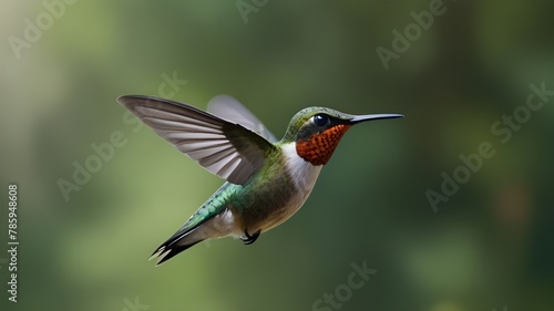 Flying hummingbird with green forest in background. Small colorful bird in flight. Digital art Generative Ai 