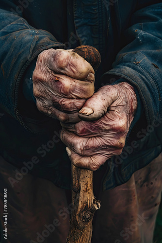 Old man hands on walking stick photo