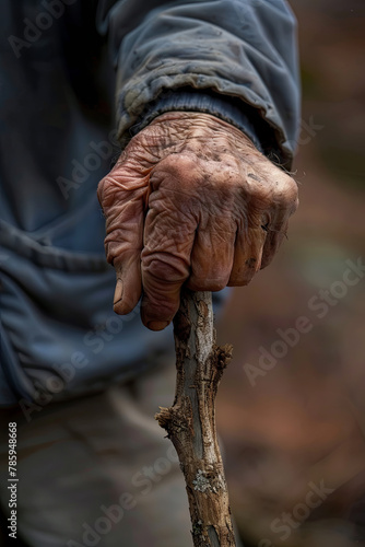 Old man hands on walking stick