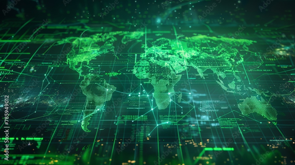 A world map with green arrows radiating outwards from a central financial hub, depicting global economic growth and interconnected markets. 