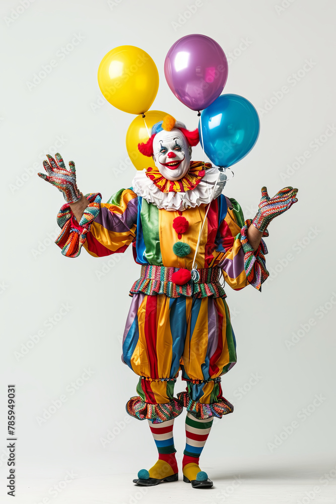 Friendly circus clown holding a bunch of balloons and waving hello