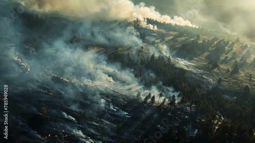 An aerial view of a forest fire raging across a mountain landscape. Smoke billows into the sky, casting long shadows.