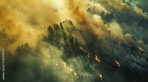 An aerial view of a forest fire raging across a mountain landscape. Smoke billows into the sky, casting long shadows. photo