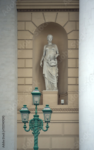 Statue of muse Terpsichore at the Facade of Bolshoi Theatre in Moscow, Russia