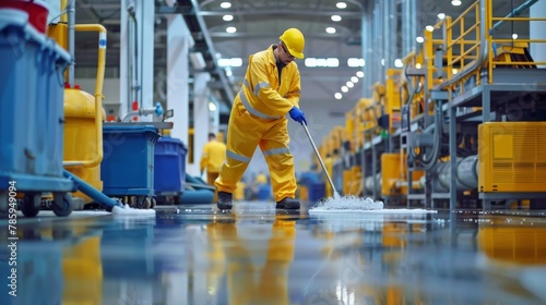 Sanitation worker cleaning and disinfecting factory floors