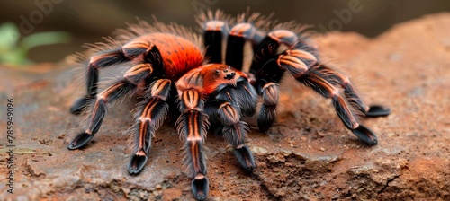 Detailed macro shot of a tarantula in its natural habitat, showcasing intricate details
