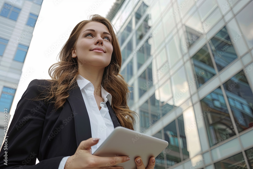 Portrait of a successful business woman using digital tablet in front of modern business building Portrait of a successful business woman using digital tablet in front of modern business building