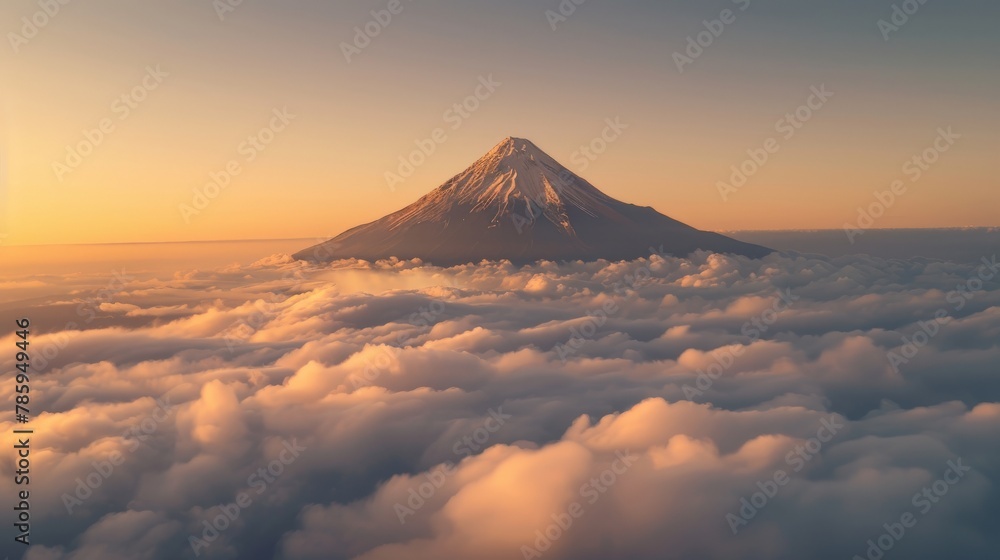 A towering mountain peak piercing through a layer of clouds. The peak is bathed in golden light, with the clouds below a soft grey. 