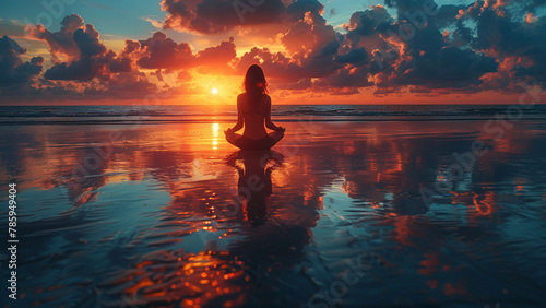 a woman sits on the beach at sunset. © 은호 이