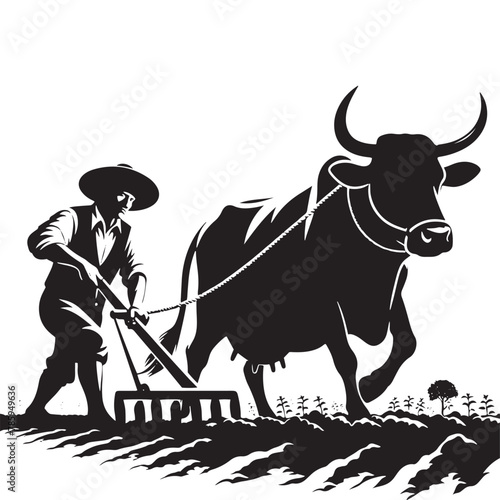 Rural Craft: Black Vector Silhouette of a Farmer Plowing with a Cow, Timeless Agriculture- Farmer vector stock.