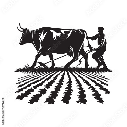 Rural Craft: Black Vector Silhouette of a Farmer Plowing with a Cow, Timeless Agriculture- Farmer vector stock.