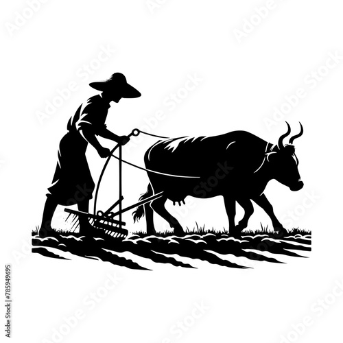 Rural Craft: Black Vector Silhouette of a Farmer Plowing with a Cow, Timeless Agriculture- Farmer vector stock.