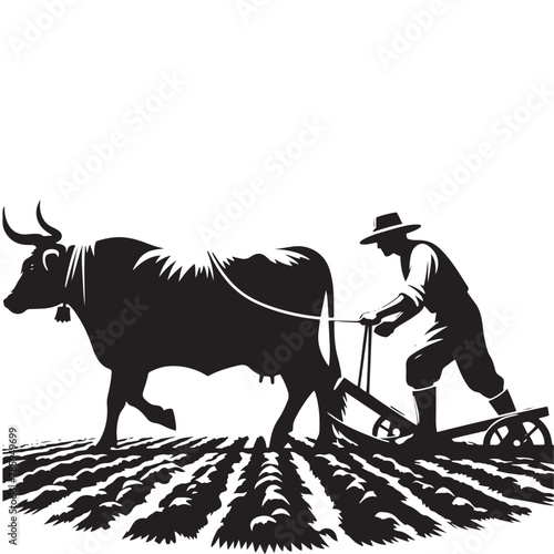 Rural Craft: Black Vector Silhouette of a Farmer Plowing with a Cow, Timeless Agriculture- Farmer vector stock.