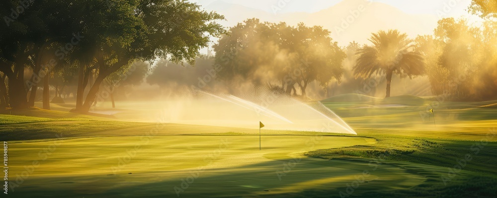 Naklejka premium dawn light bathes a golf course, casting long shadows and illuminating the morning mist. banner