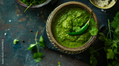 Thecha is a spicy and flavorful condiment from Maharashtra, India, made with green chilies, garlic, and spices, typically served as a side dish or accompaniment to meals photo