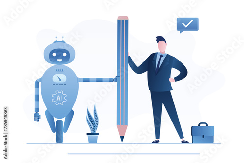 Businessman working with pencil with AI robot. Artificial Intelligence work with human, robot or automation to help success, robot to replace human employment
