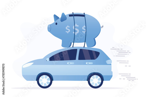 Frugal car ownership saves money. Big pink piggy bank money box on roof of riding car, saving money to buy new car, expense or budget for car maintenance service,