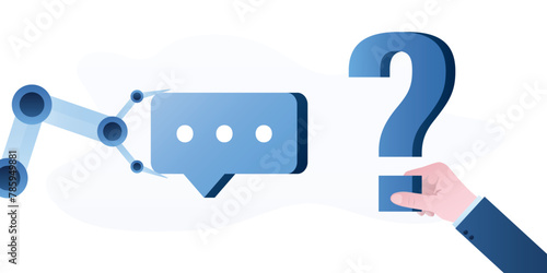 Chatbot, concept background. Dialog with client, help service. Customer holds question speech bubble. Help bot arm gives answer, online support. Feedback, hotline,