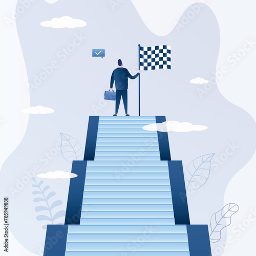 Reaching pinnacle of career or success. Confident entrepreneur has reached top of ladder of success or goals. Businessman standing on stairs with finish flag.
