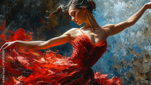 Contemporary Oil Painting of A Beautiful Women Ballerina Ballerina Dancer Dancing in Red Ballet Dress