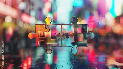 Two puzzle pieces perfectly interlocking, with a vibrant image completing the picture once connected. photo