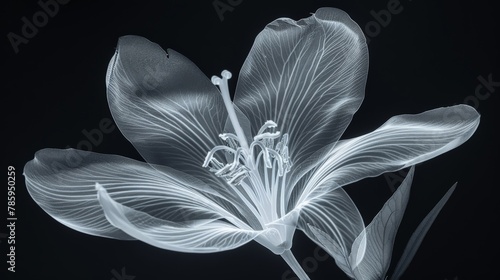X-ray image of a flower  revealing the intricate structure of the stem  petals  and stamen. Create a scientific yet beautiful composition. 