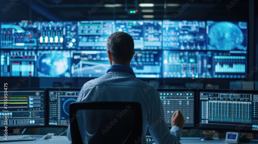 A man, wearing a hat and headphones, sits in front of a multimedia display device in a control room with an electric blue ambiance. AIG41 - obrazy, fototapety, plakaty 