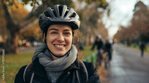 A portrait of a female biker smiling for the camera in a public park. High detailed,high resolution,realistic and high quality photo professional photography