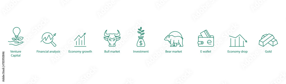 Comprehensive Financial Icons: Vector Illustrations Illustrating Financial Analysis, Economy Growth, Bull Market, Investment, Bear Market, E-Wallet, Economy Drop, and Gold