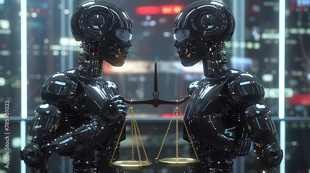 realistic androids facing each other, each holding a traditional balance scale realistic androids facing each other, each holding a traditional balance scale