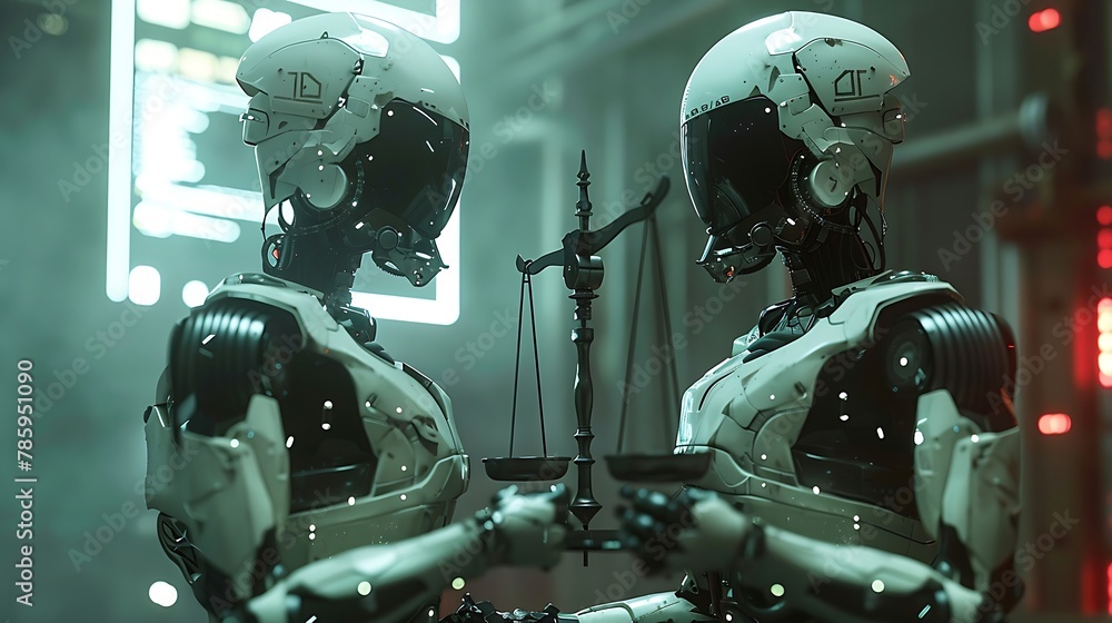 Naklejka premium realistic androids facing each other, each holding a traditional balance scale