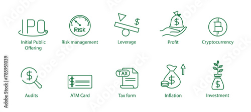 Financial Icons Ensemble: Vector Illustrations Spanning IPO, Risk Management, Leverage, Profit, Cryptocurrency, Audits, ATM Card, Tax Form, Inflation, and Investment