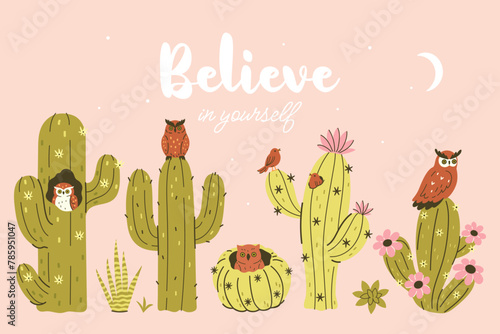 Postcard or poster with owls, birds and cacti. Vector graphics.