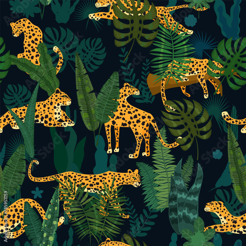 Leopard seamless pattern with tropical leaves © hadeev