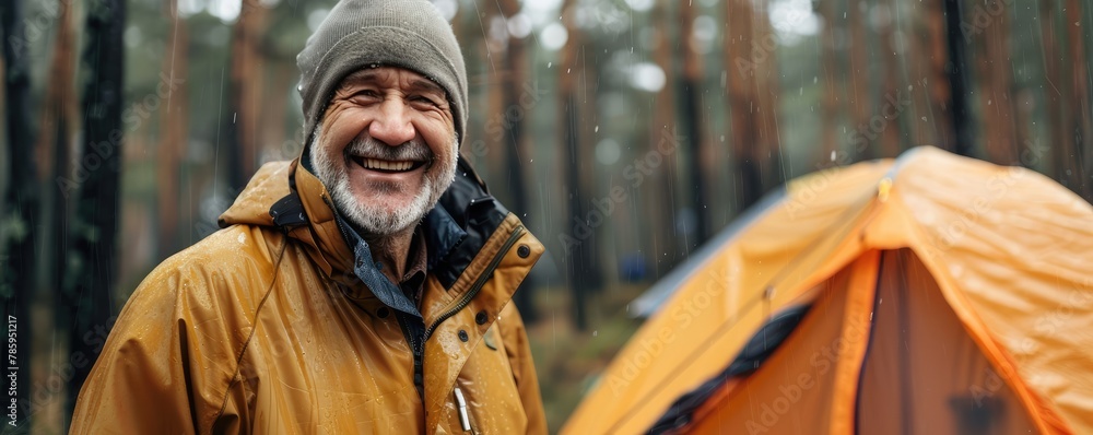 Cheerful older man with a hat smiles near wet tent at rainy day. Camping in rain concept