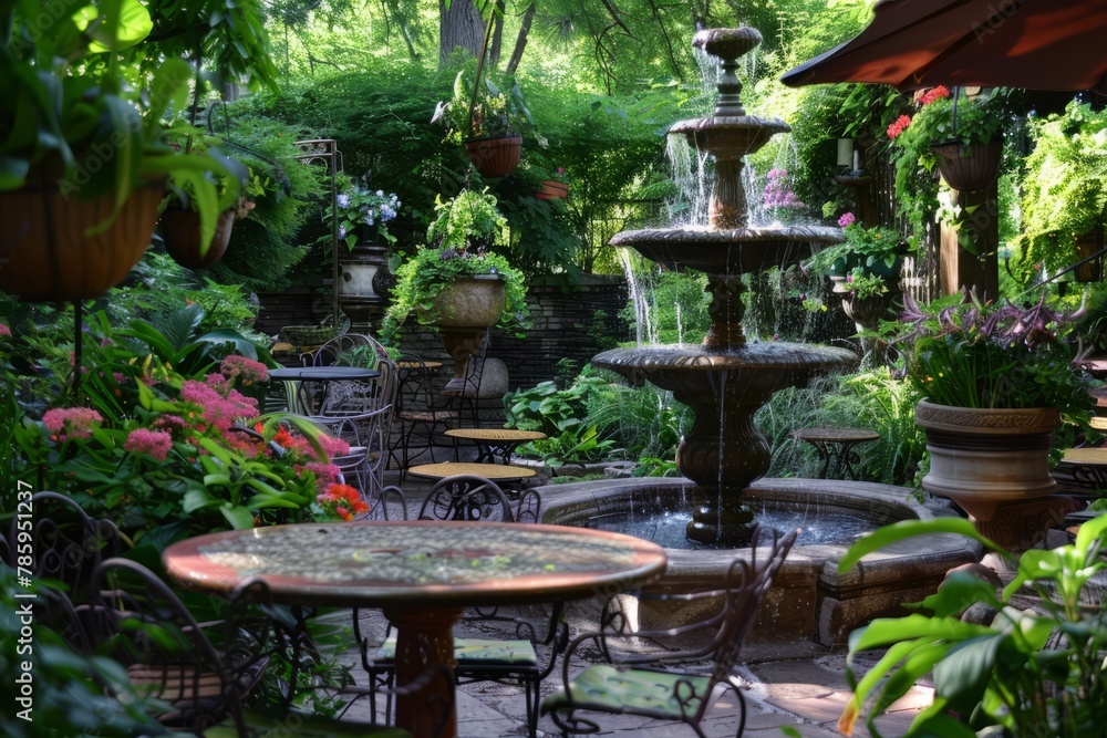 A garden café with outdoor seating surrounded by lush greenery, blooming flowers, and the soothing sound of trickling water from a fountain, Generative AI